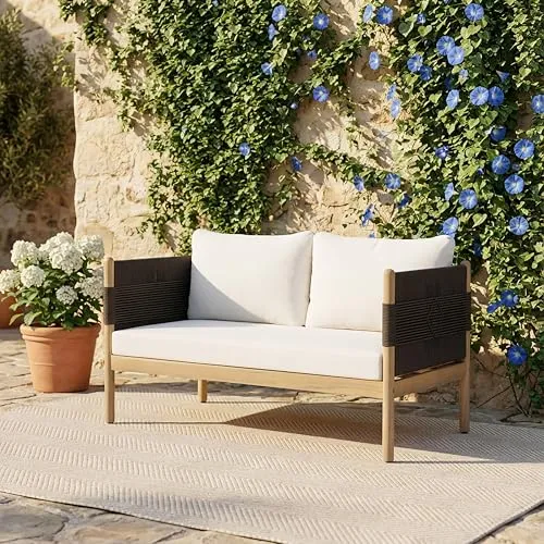 Christopher Knight Home Lenor Acacia Wood Outdoor Loveseat Sofa, Solid Wood Patio 2 Seater Sofa with Removable Cushion, Comfy Lounge Sofa Outdoor for 2 People, Light Teak+Cream+Black