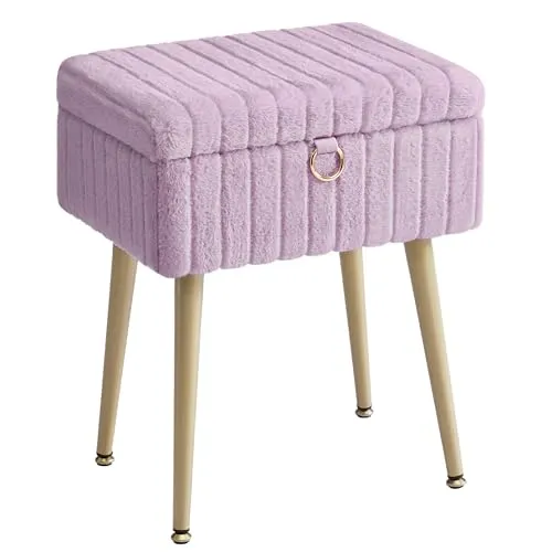 SONGMICS Vanity Stool Chair with Storage, Makeup Stool, Footrest Footstool Ottoman, Metal Legs, Adjustable Feet, for Living Room, Bedroom, Makeup Room, Light Lilac ULOM505PZ02