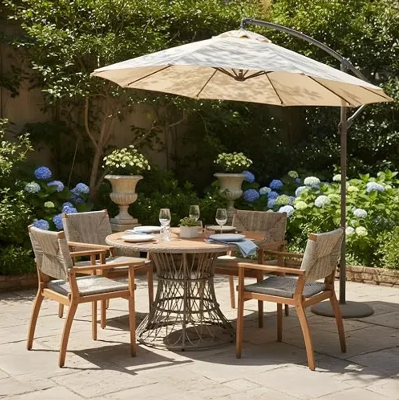 Christopher Knight Home Bamie 5-Piece Acacia Wood Dining Table Set for 4, Outdoor Dining Set with Wicker Accents, Dining Chairs Set of 4 with Slats Panel Round Table, Outdoor Patio Furniture Set,Brown