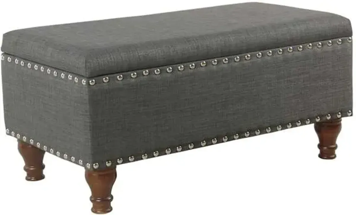 Jasmine Charcoal Grey Upholstered Storage Bench with Nail Heads
