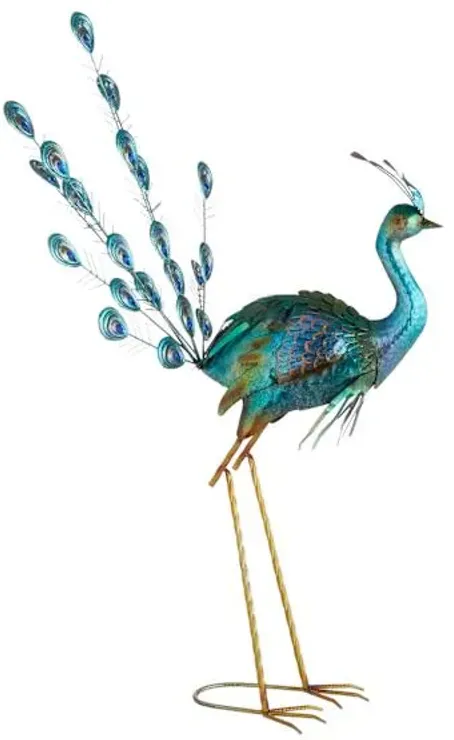 Peacock with Acrylic Jeweled Tail Outdoor Garden Statue, 38.5"