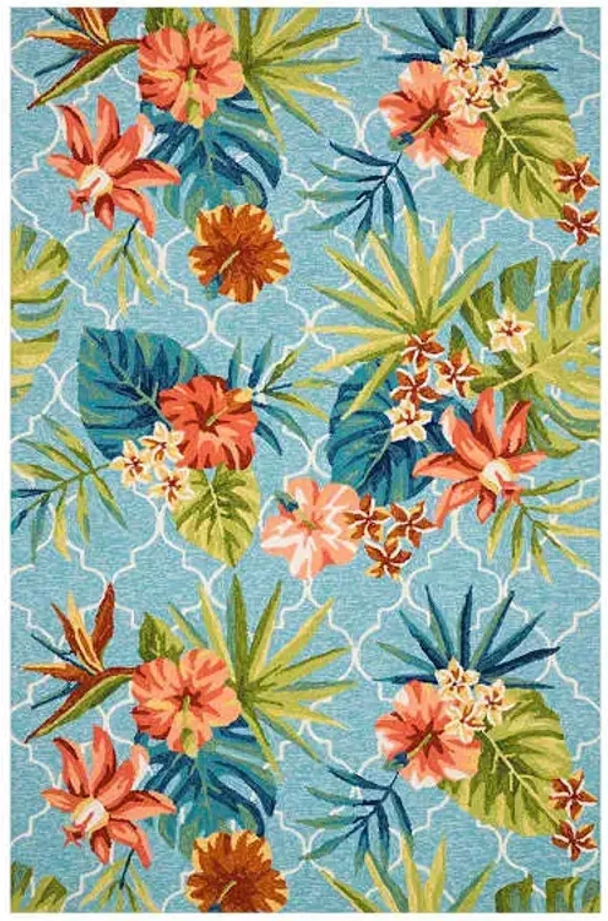 (E227) Santa Monica Trellis Aqua Floral Indoor & Outdoor Area Rug, 5x7