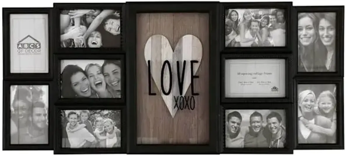 10-Opening Black Collage Picture Frame with Heart, 31X14