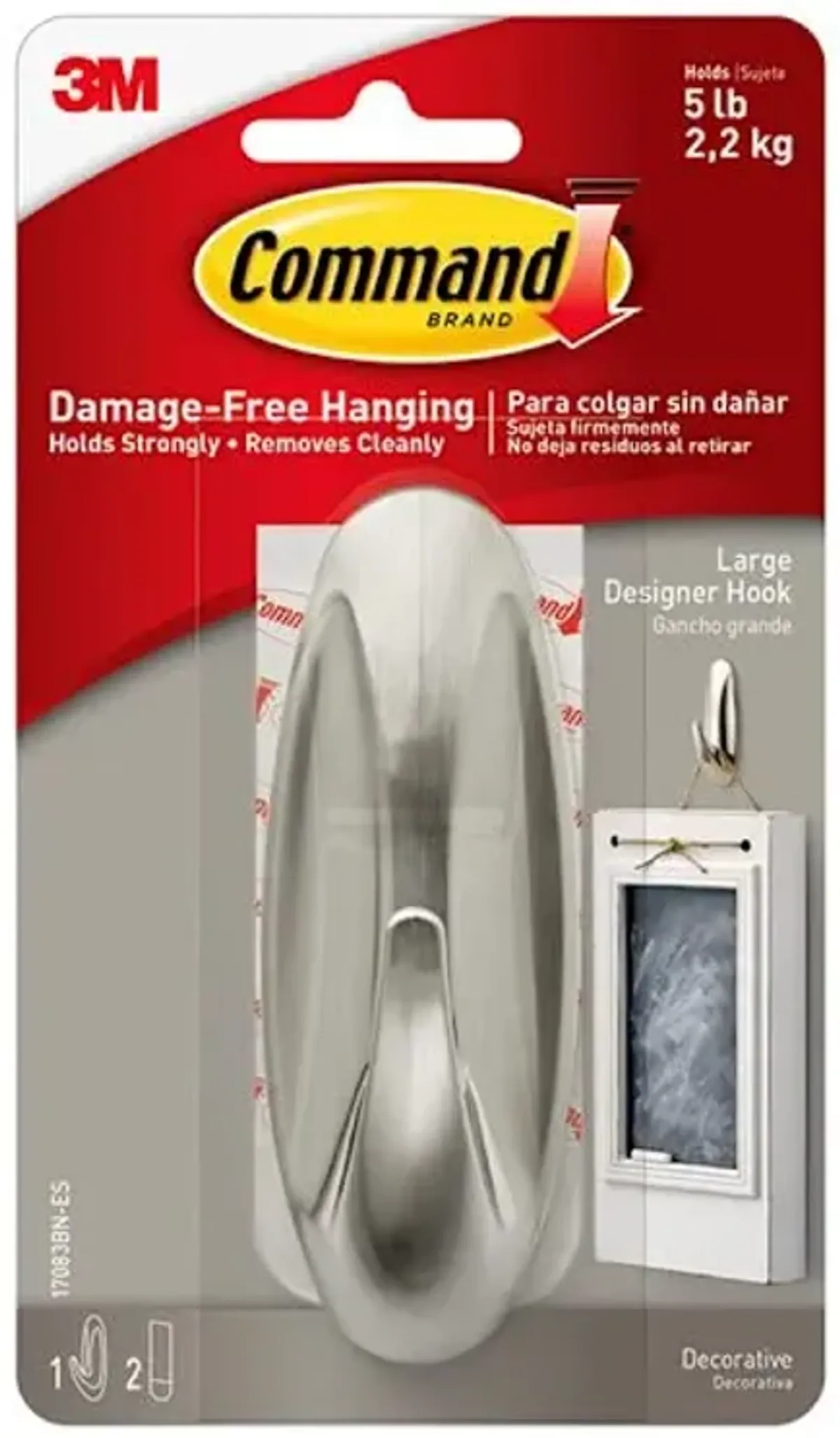 Command™ Designer Large Hook, 1-Hook, 2-Strips/Pack, Brushed Nickel