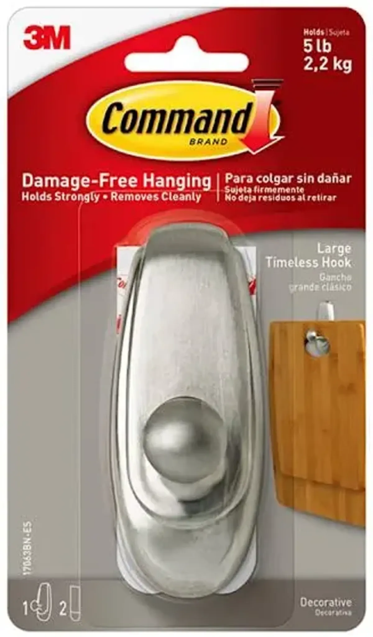 Command Timeless Hook, Large Brushed Nickel, 1-Hook 2-Strips/Pack