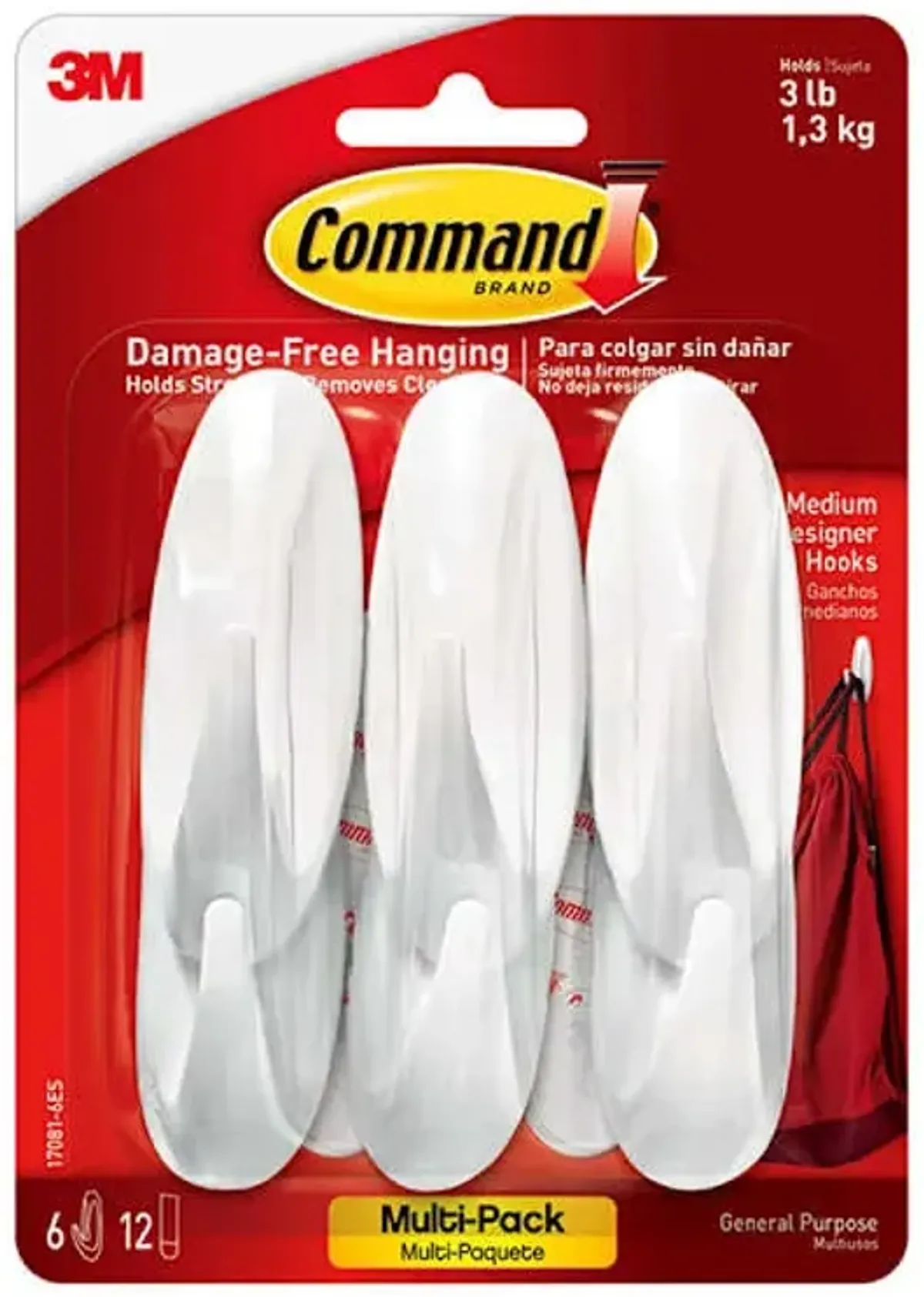 Command™ Medium Designer Hooks Multi-Pack, 6-Hooks, 12-Strips/Pack, White