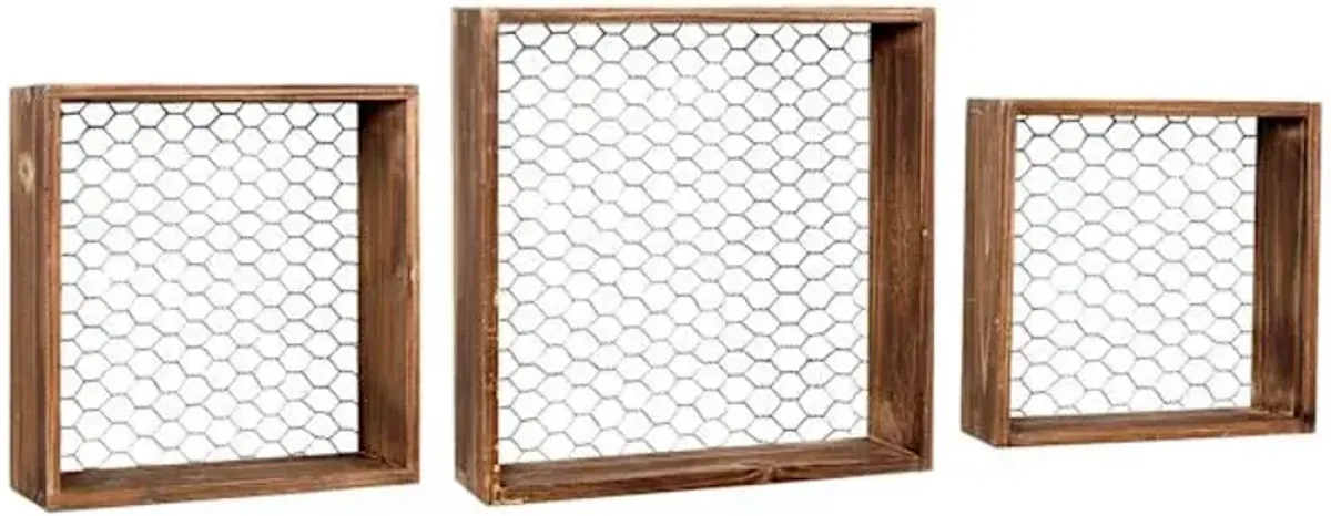 3-Piece Brown Wooden Cube Chicken Wire Shelf Set, 14"