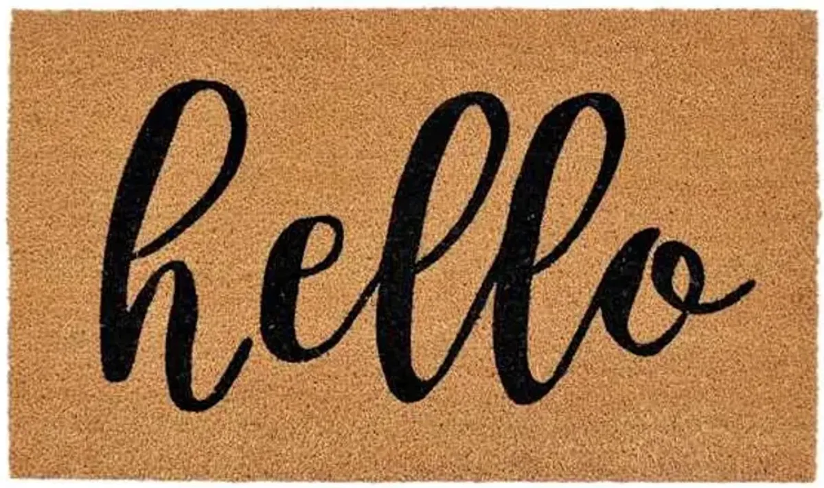 Hello Script Black Natural Coir Mat, 18x30