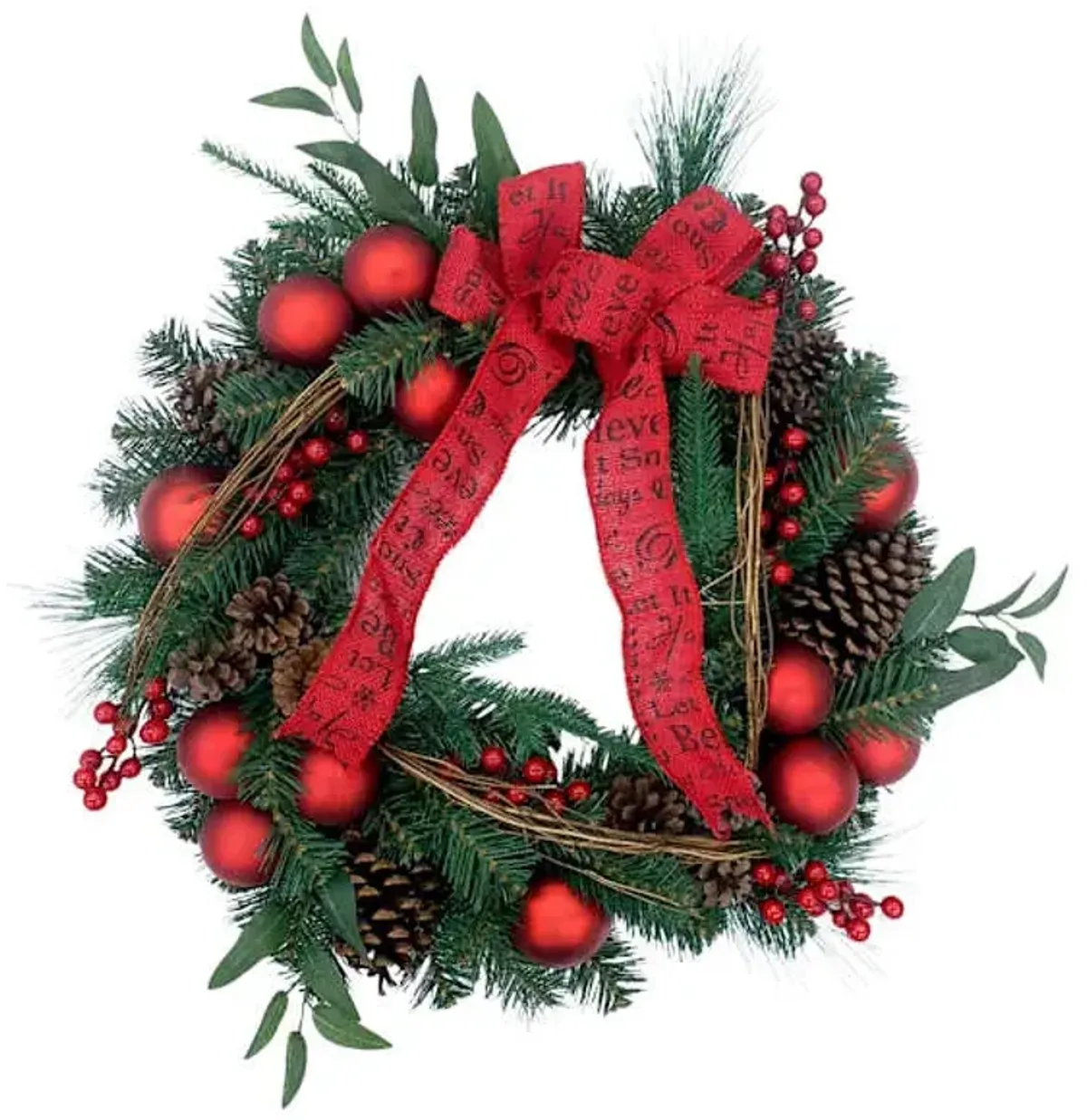 Red Ornaments, Berry & Ribbon Wreath, 22"