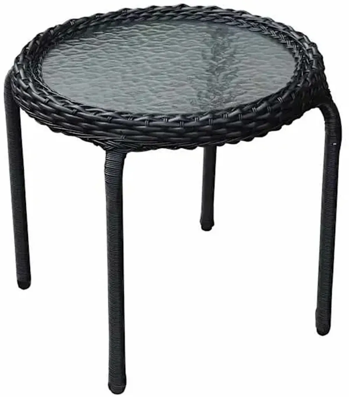 Tempered Glass Top Patio Wicker End Table, Black