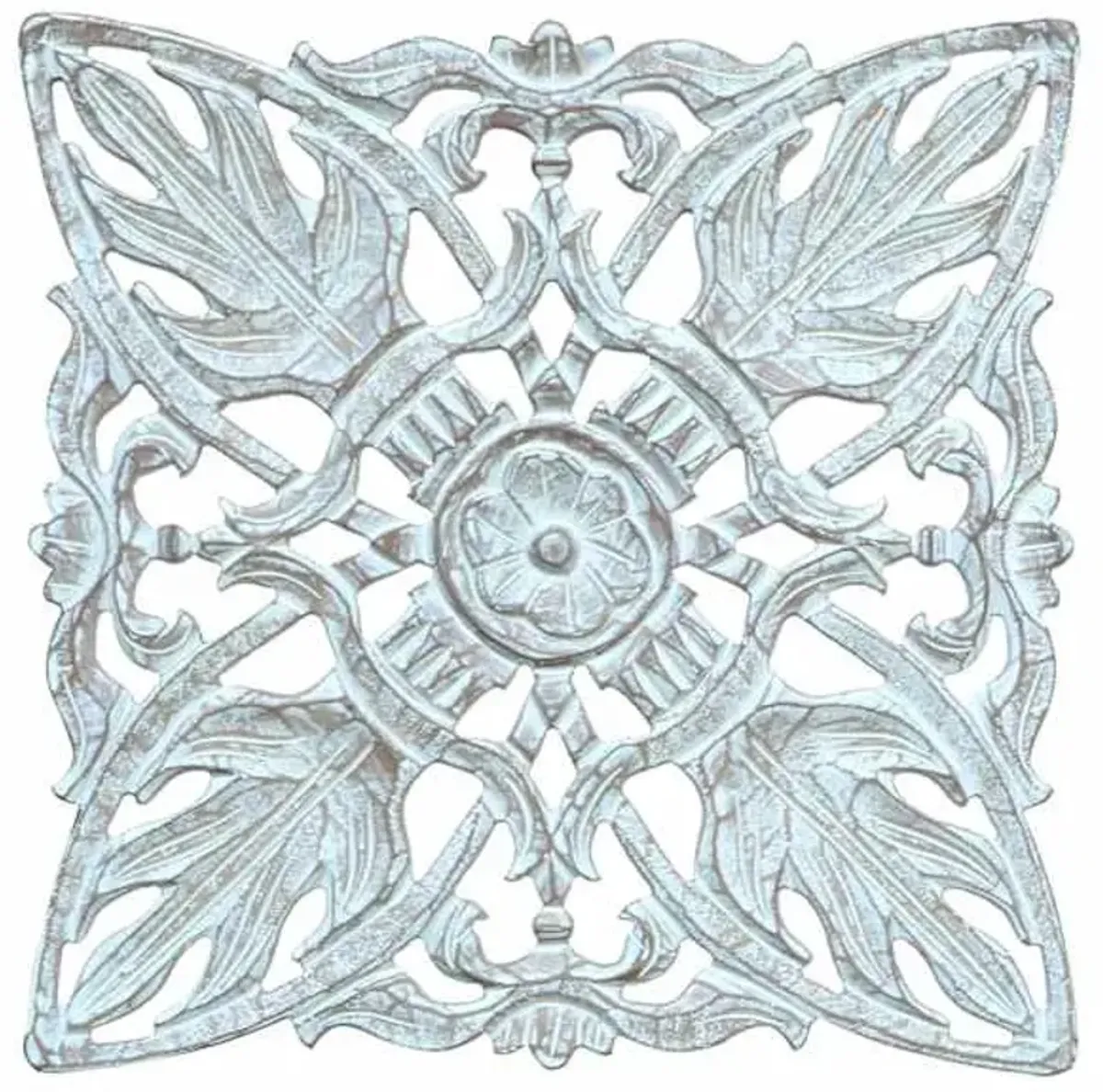 Distressed White Marrakech Hand Carved Wooden Panel Wall Decor, 16"