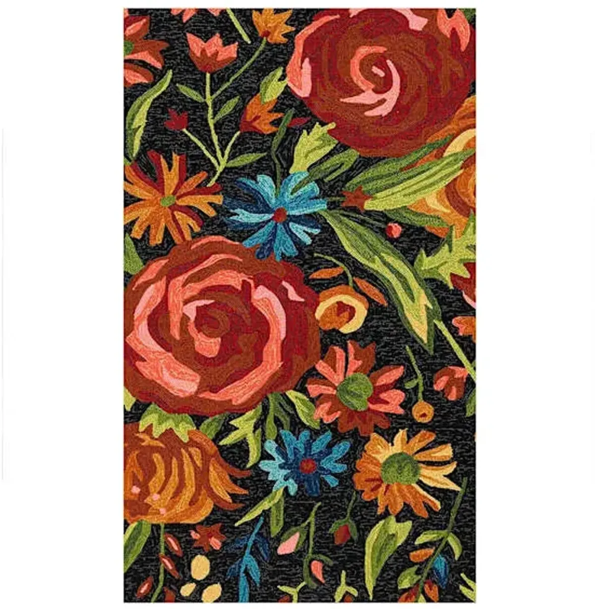 (E255) Santa Monica Black Floral Indoor & Outdoor Accent Rug, 3x5