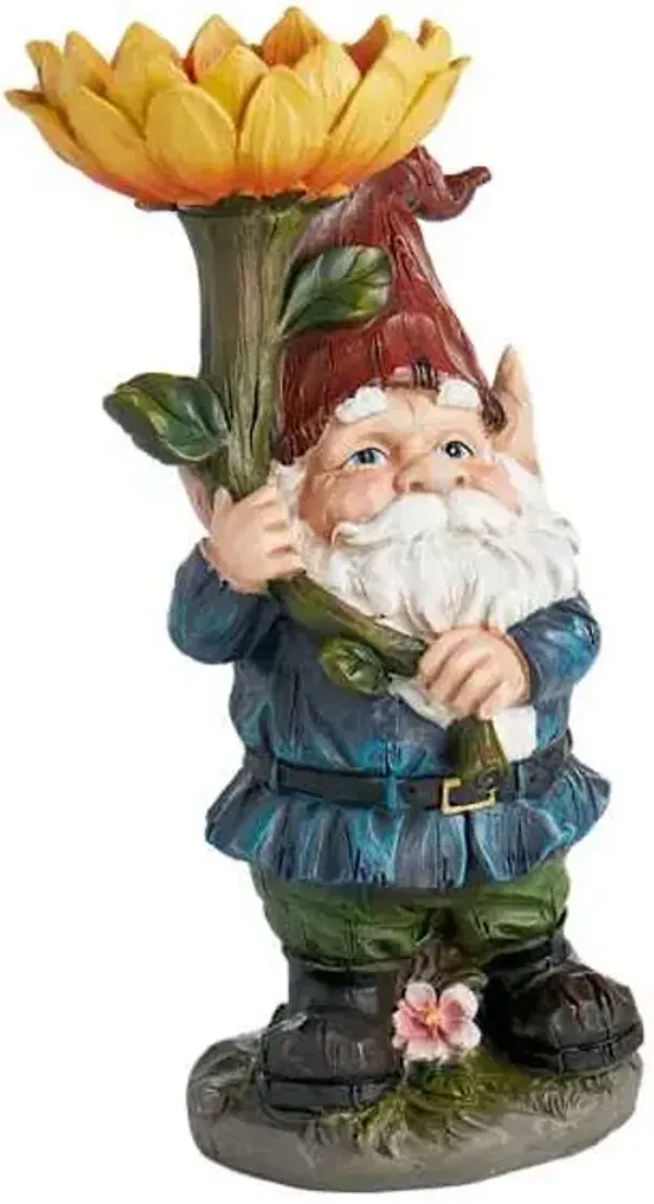 Gnome Holding Sunflower Outdoor Garden Statue, 19"