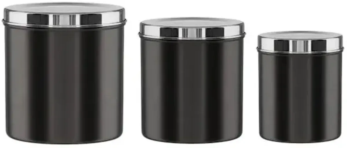 Set of 3 Black Nickel Metal Canister with Silver Lid