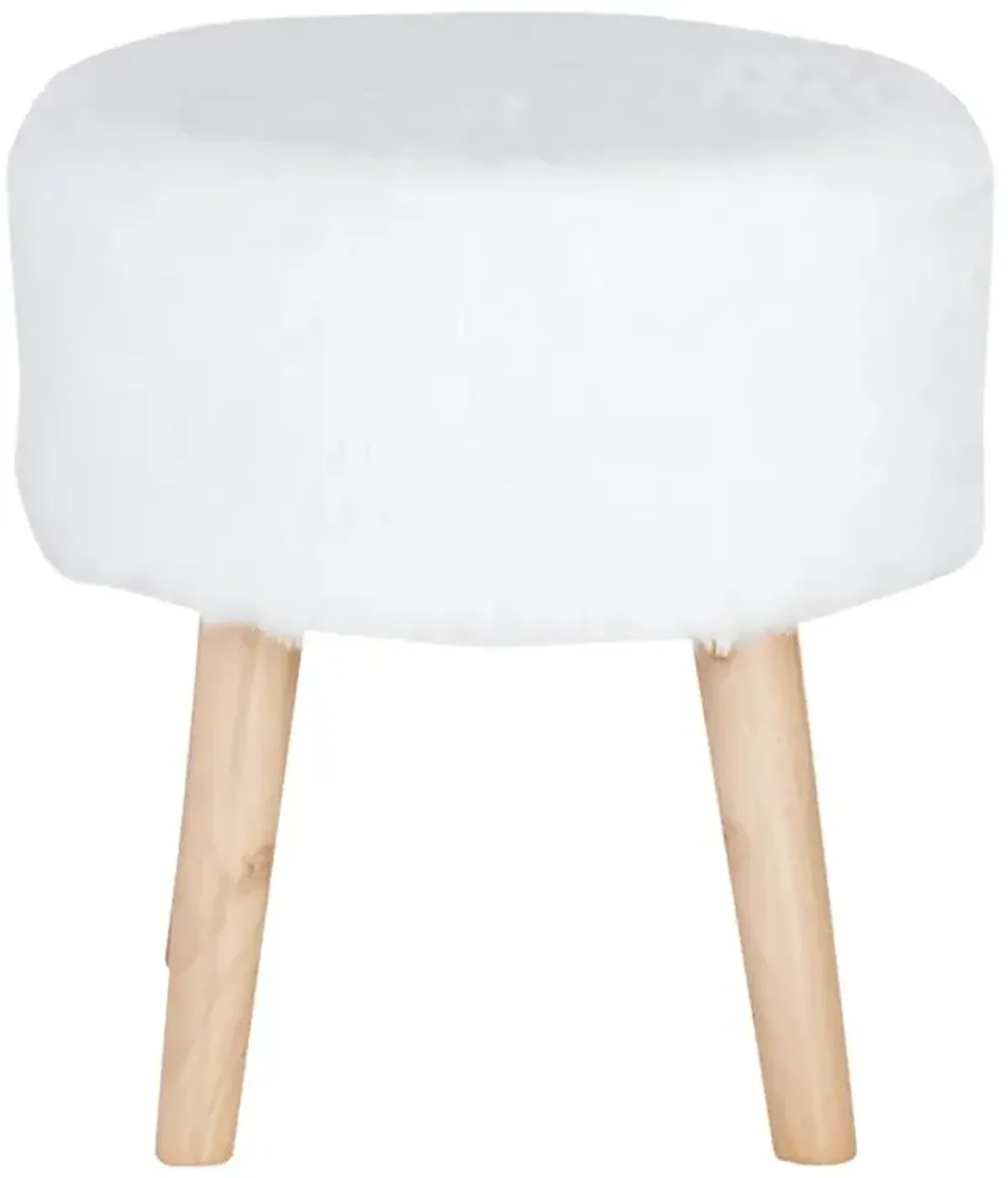 Emmy Stool with Wooden Legs, White Faux Fur