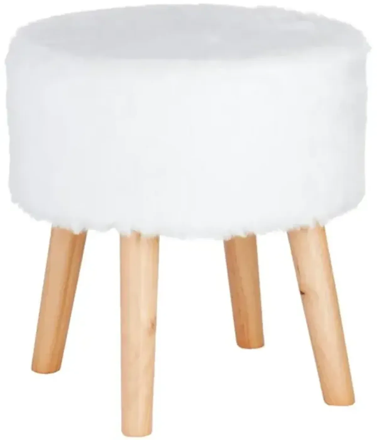 Emmy Stool with Wooden Legs, White Faux Fur