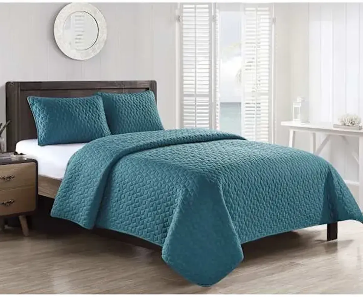 3-Piece Turquoise Hector Stitch Quilt Set, Full/Queen