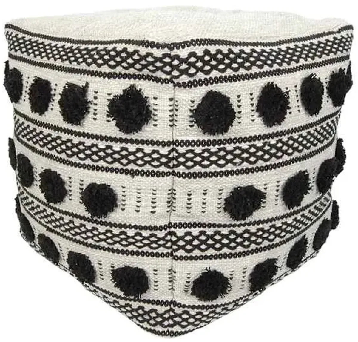 Black & White Fringed Outdoor Pouf, 18"