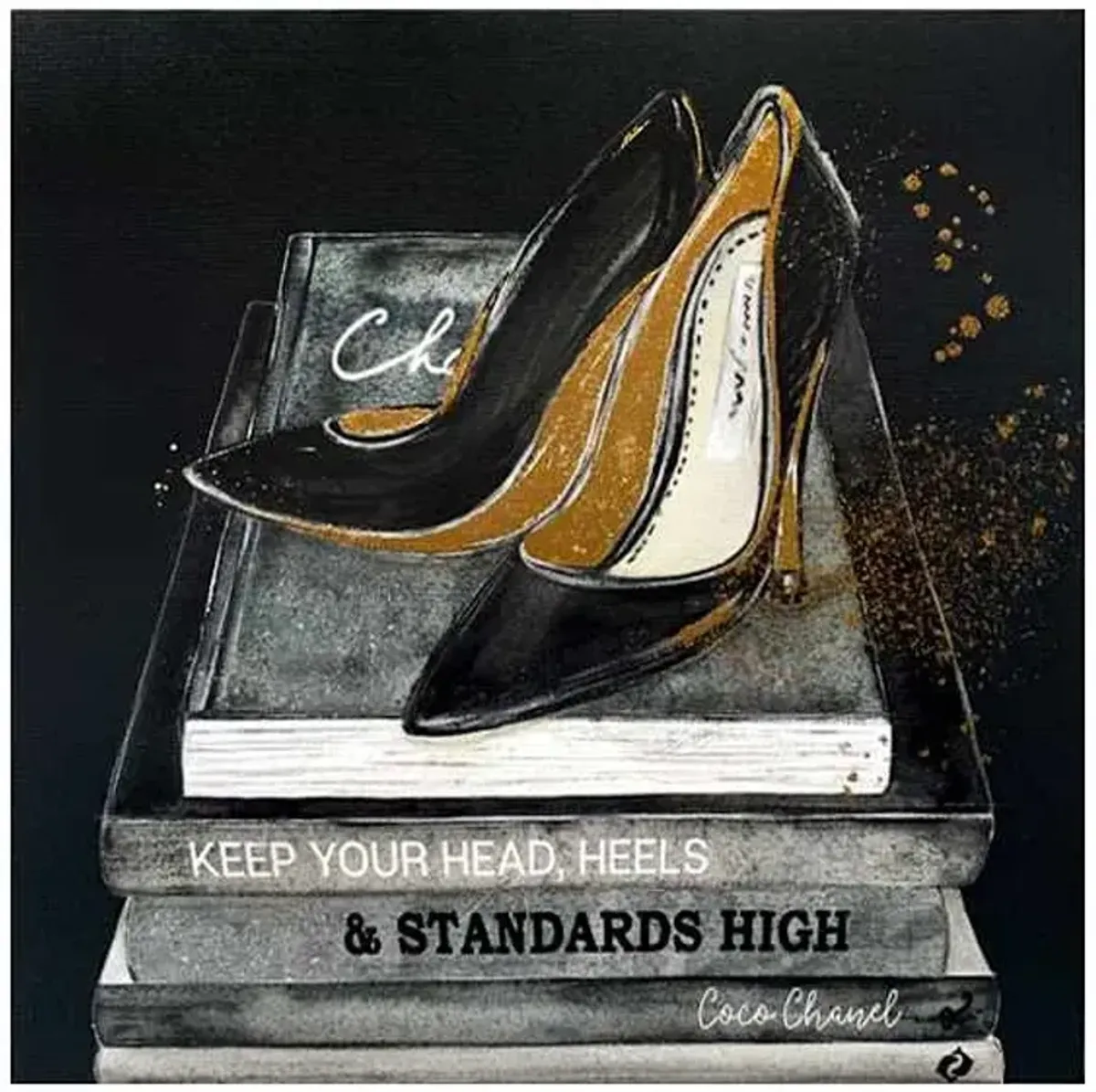 Classic Black Heels & Books with Foil Canvas Wall Art, 16"