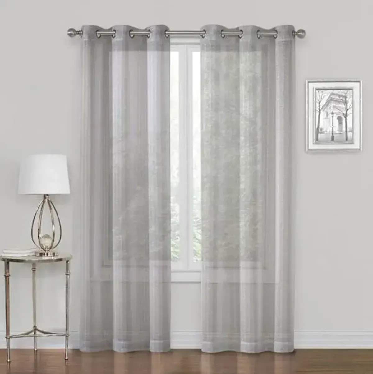 Whittier Grey Metallic Sheer Grommet Curtain Panel, 63"