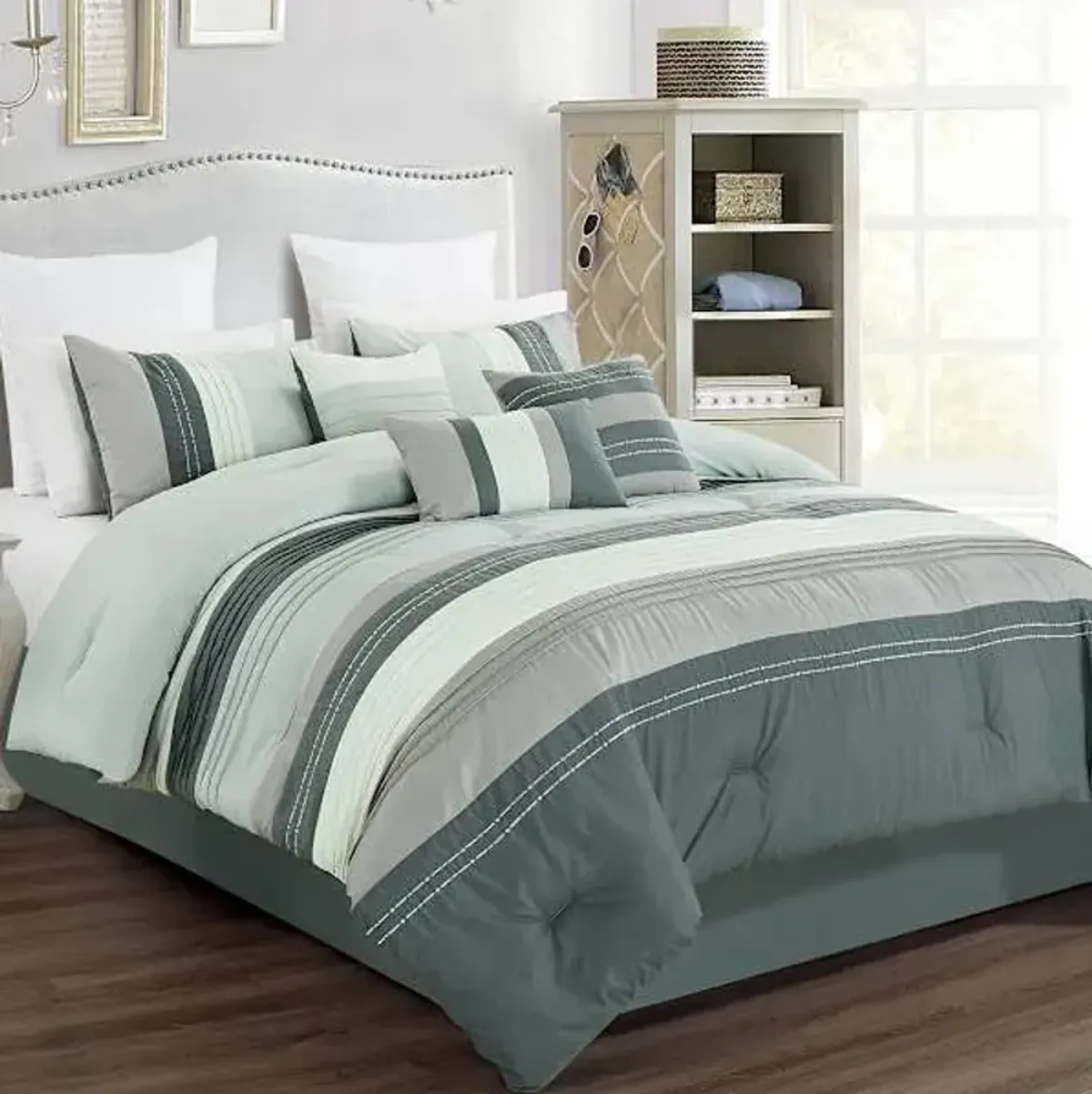 7-Piece Grey Striped Embellished Comforter Set, King