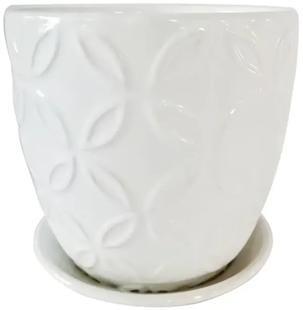 Indoor White Flower Embossed Ceramic Pot with Saucer, Medium