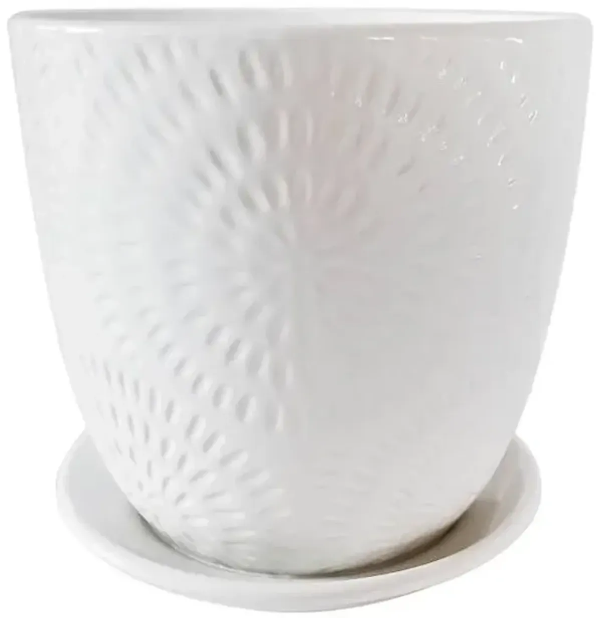 Indoor White Geo Pattern Embossed Ceramic Pot with Saucer, Small
