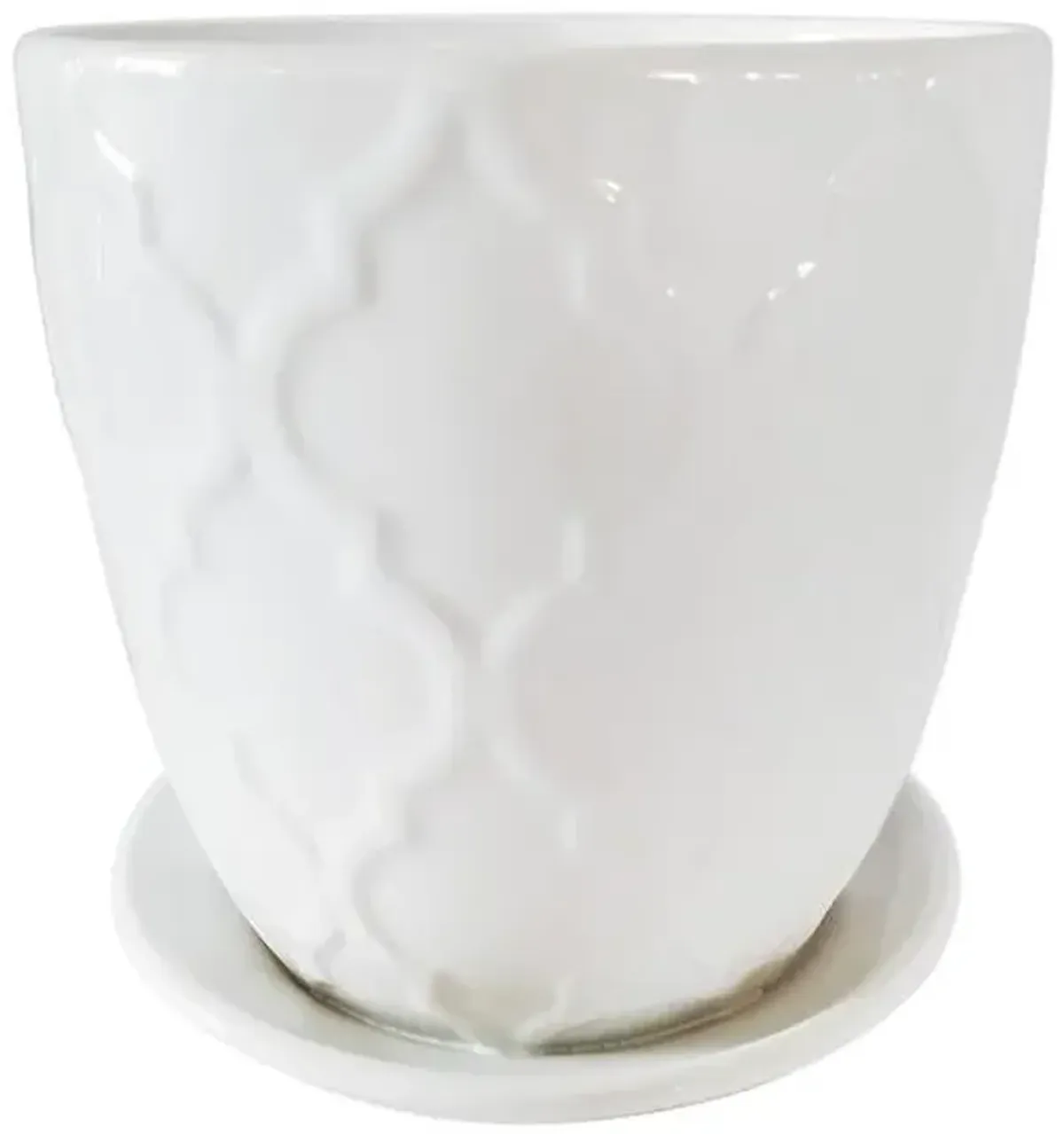 Indoor White Embossed Ceramic Pot with Saucer, 6"
