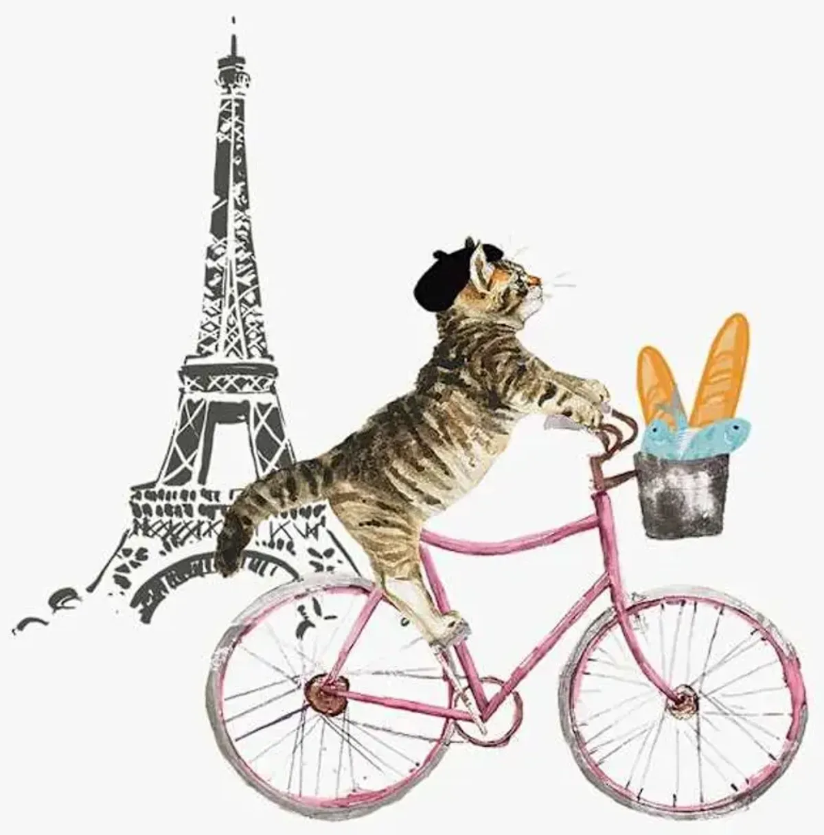 Eiffel Tower with French Cat On Bicycle Canvas Wall Art, 12"