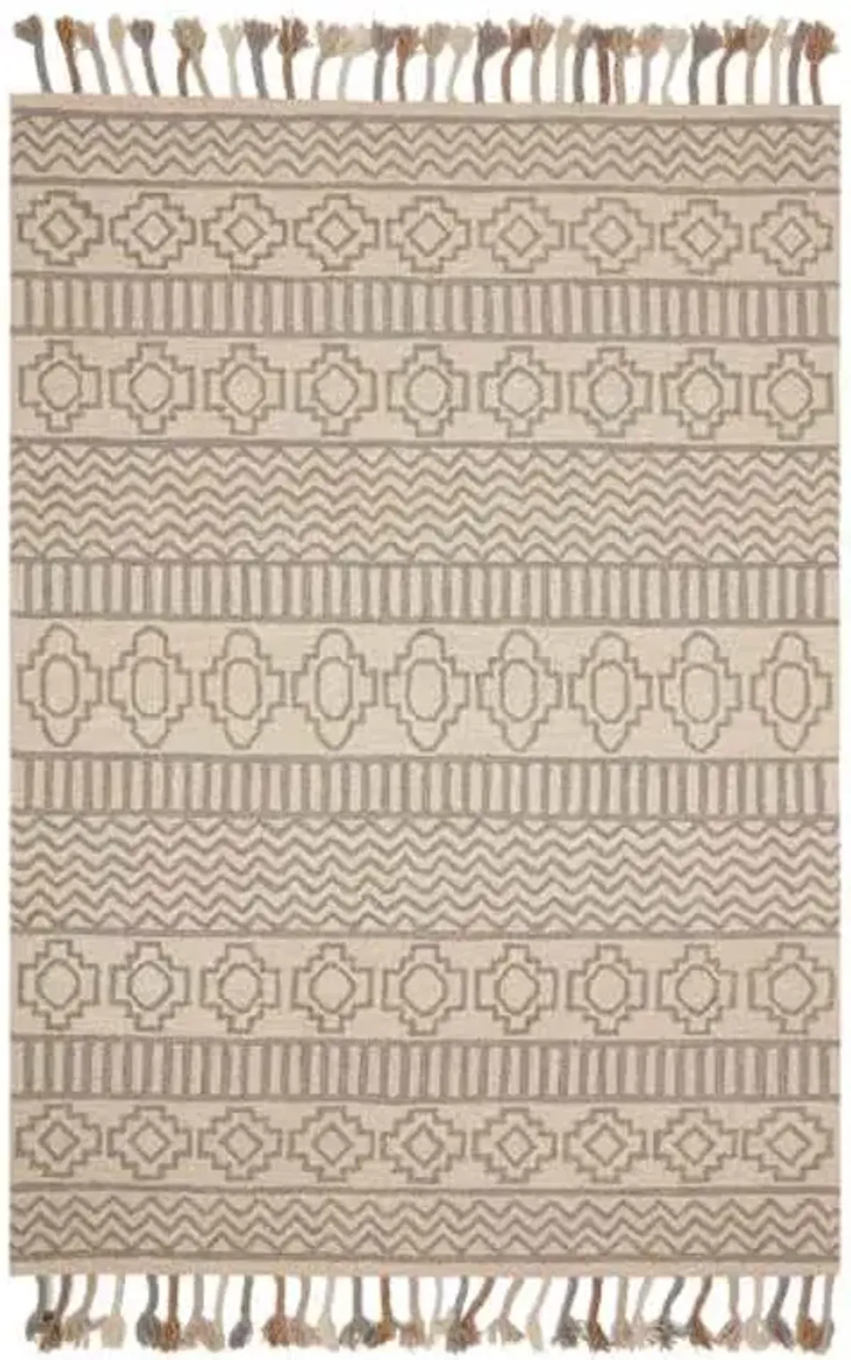 (A469) Arthur Ivory & Grey Area Rug with Tassels, 5x7