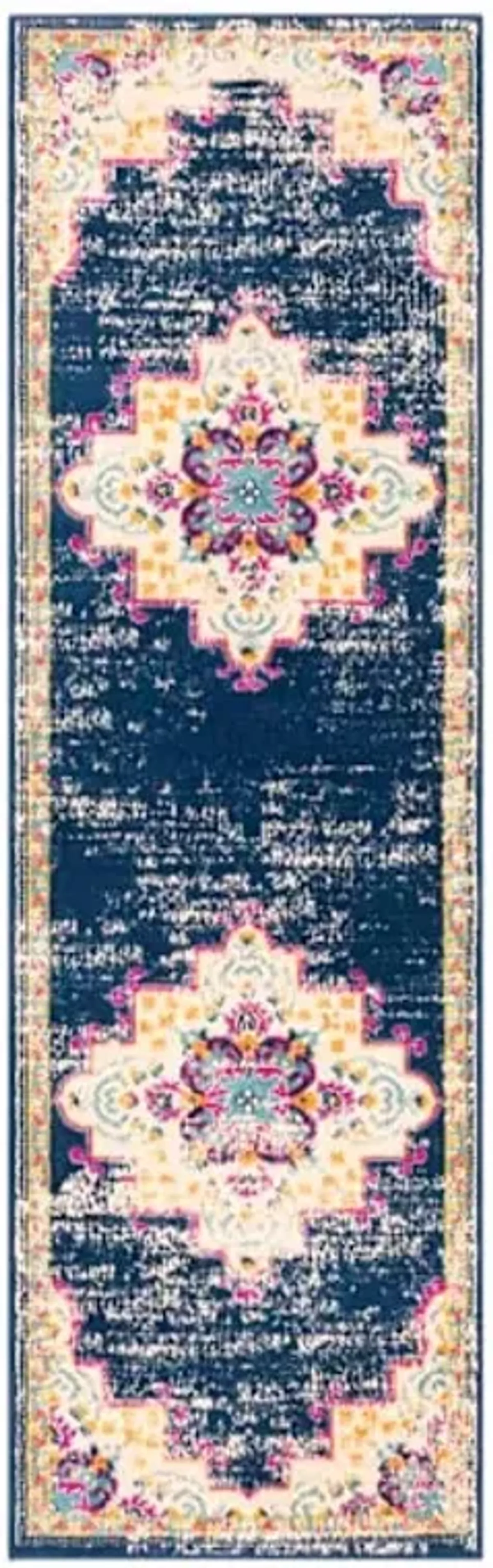 (D494) Found & Fable Floransa Blue & Pink Medallion Runner, 2x7