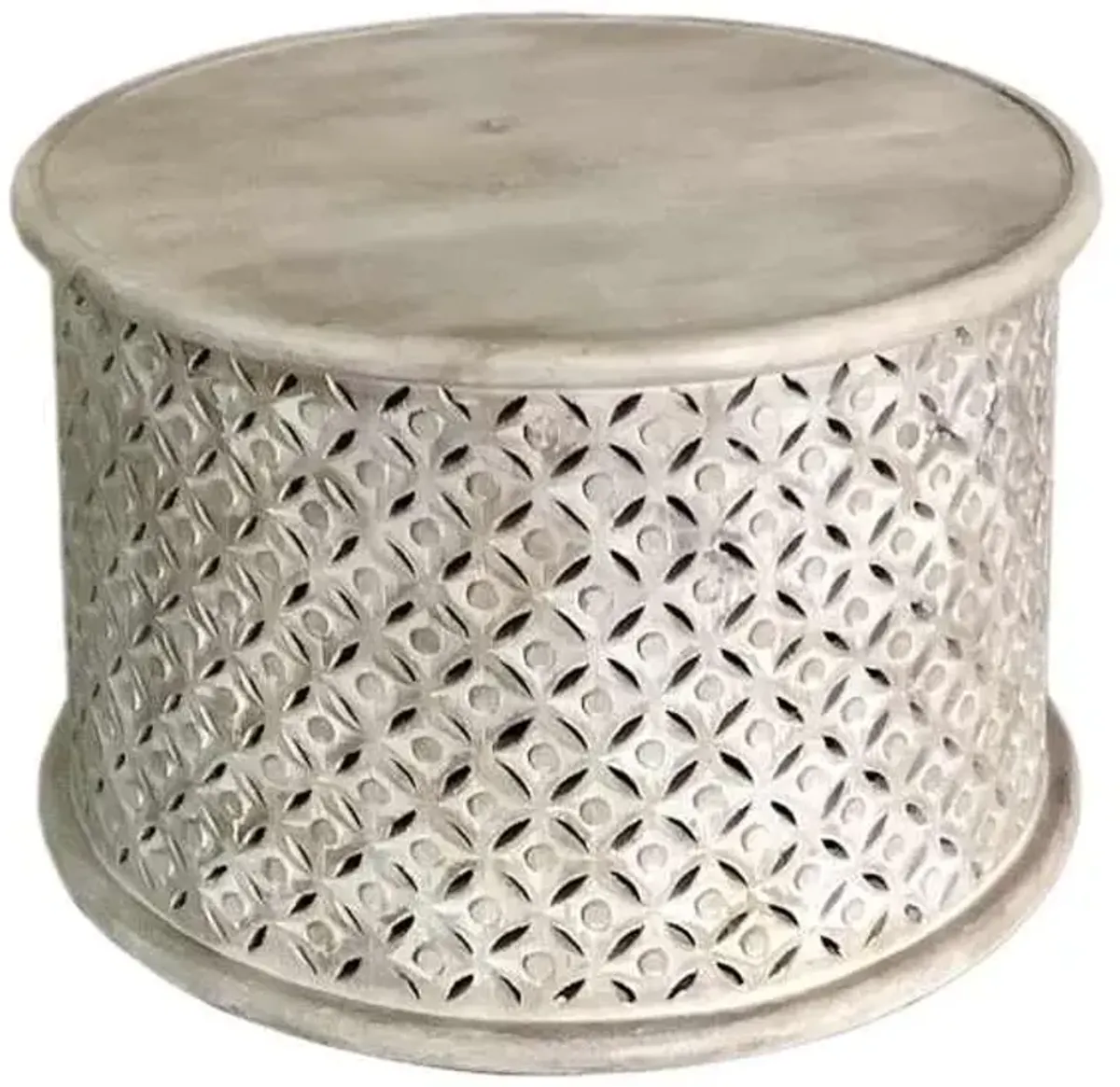 Wooden Cutout Drum Coffee Table, White Washed Finish