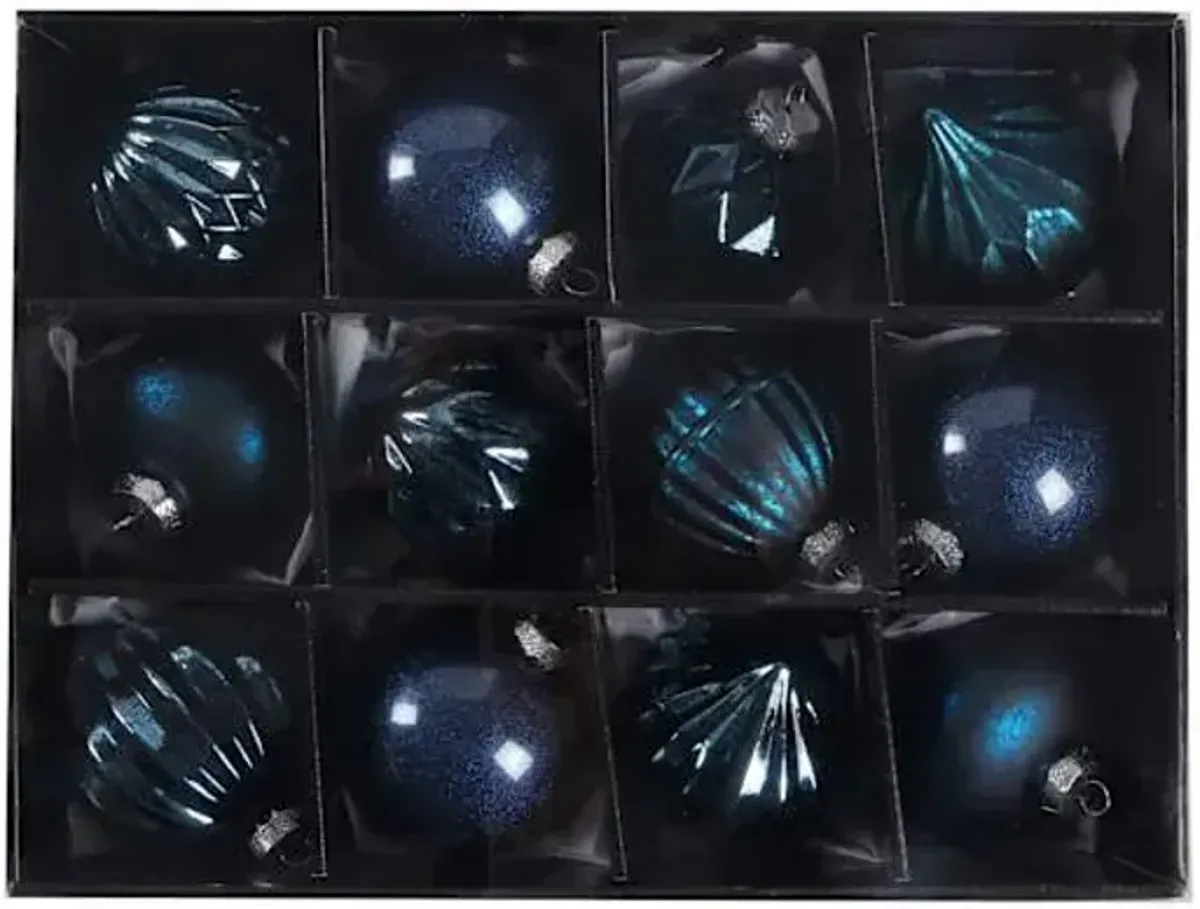 12-Count Blue Decorated Glass Ornaments, 3"