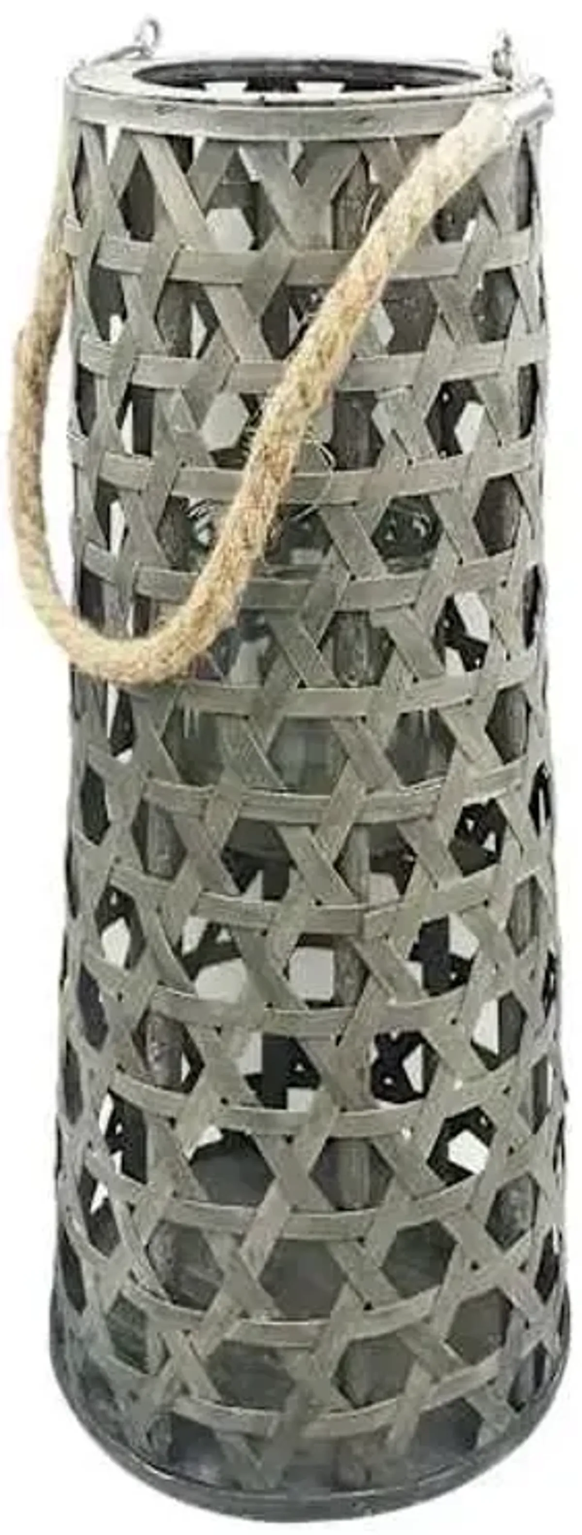 Grey Wood Cutout Lantern with Rope Handle, 20"