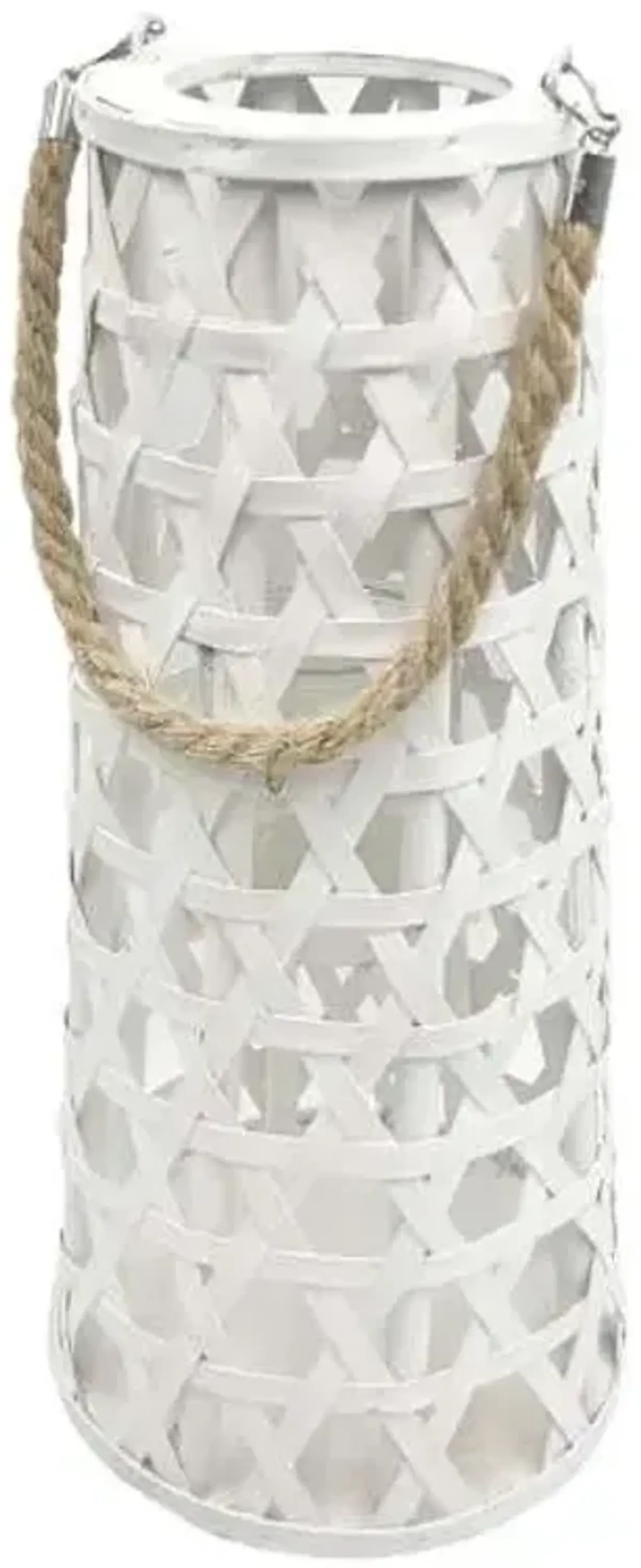 White Wood Cutout Lantern with Rope Handle, 16"