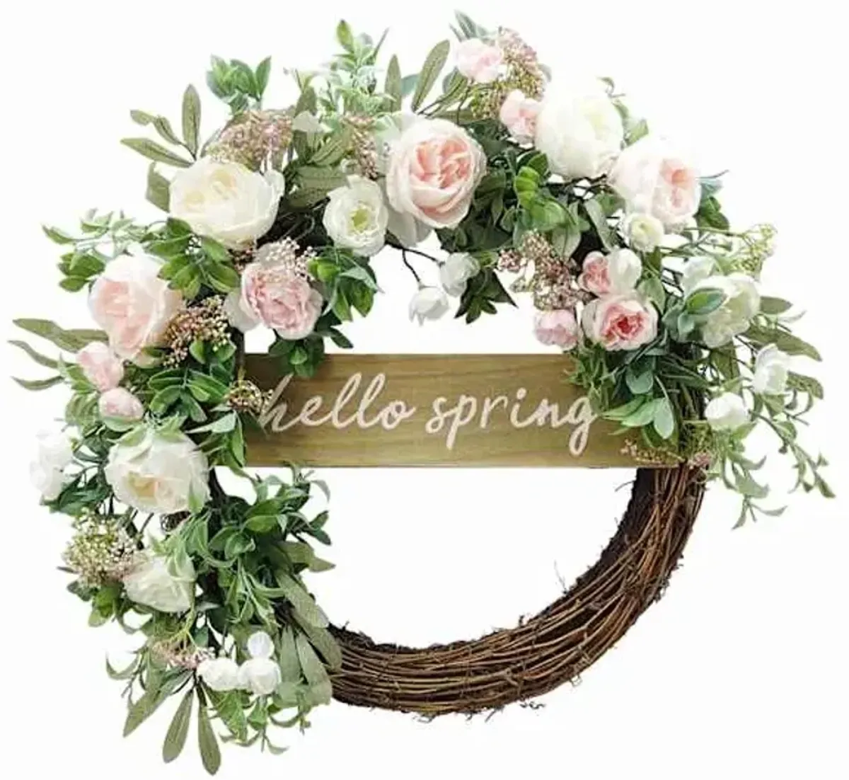 Hello Spring Pinks Roses & Leaves Floral Wreath, 24"