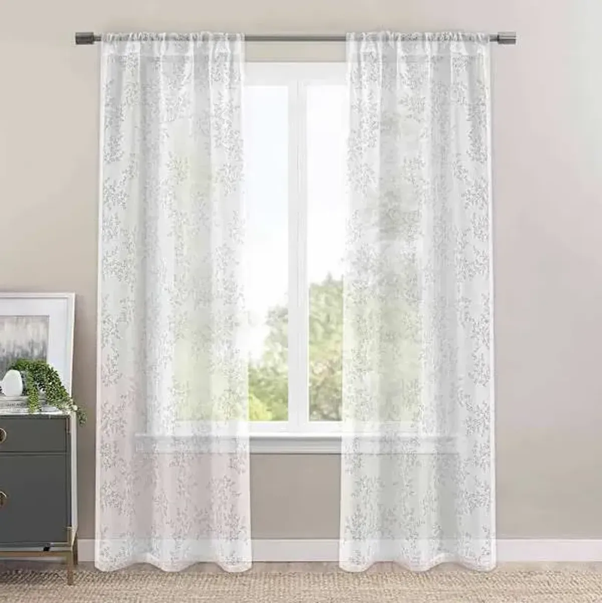 White Botanical Leaf Burnout Sheer Curtain Panel, 84"