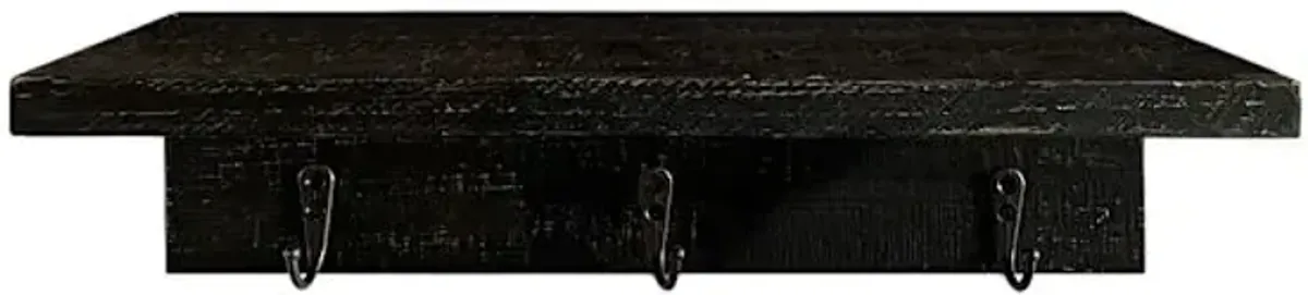 Brown Wooden Wall Shelf with Hooks, 16"