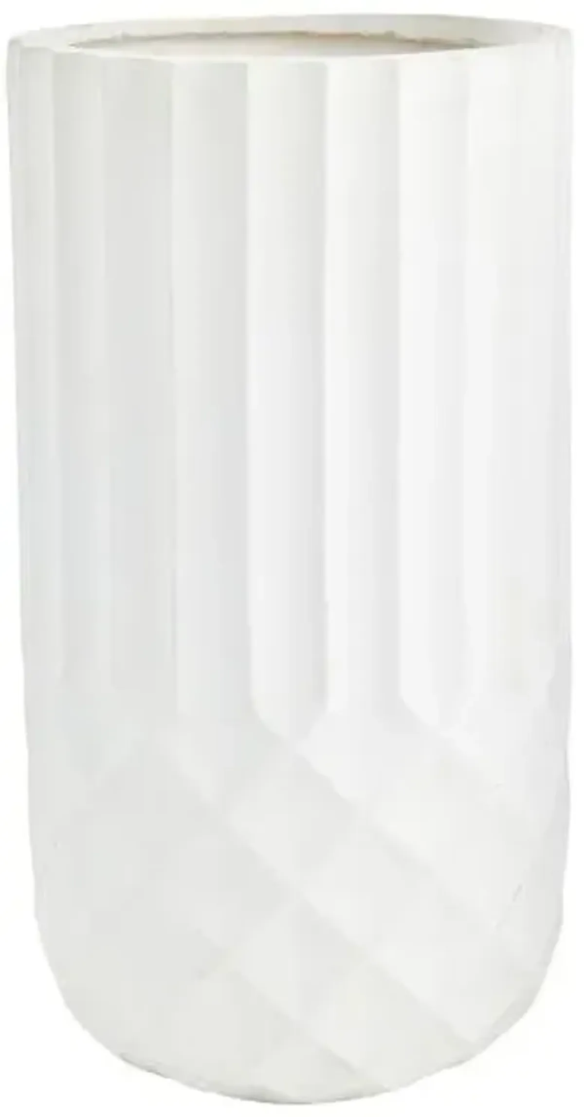 Tall White Cylindrical Diamond Ribbed Shadow Outdoor Planter, Medium