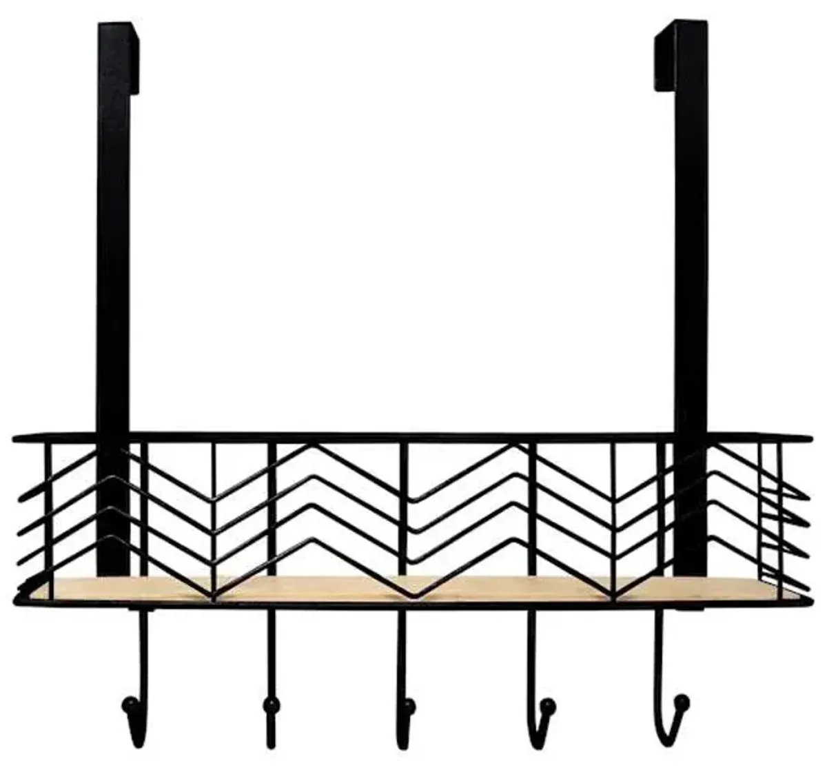 5-Hook Black Chevron Bombay Diamond with Bamboo Wooden Basket Over the Door Hanger