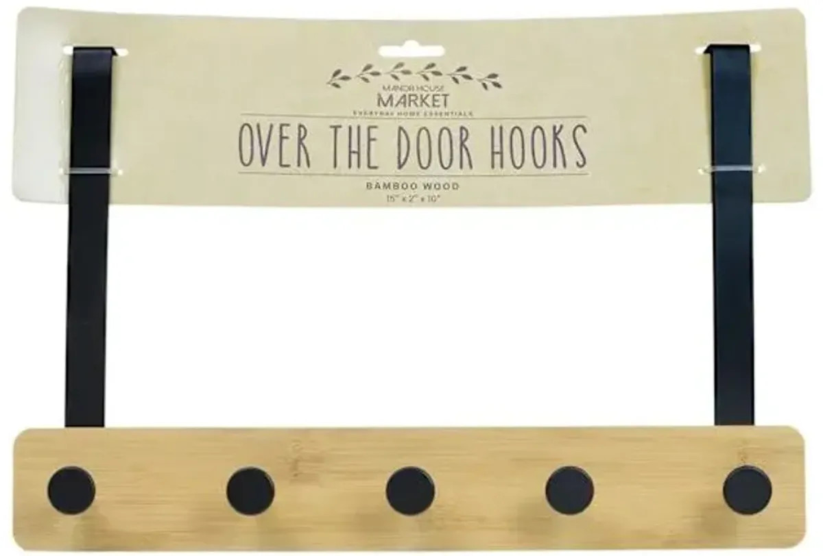 5-Hook Black Metal with Bamboo Wood Over the Door Hanger