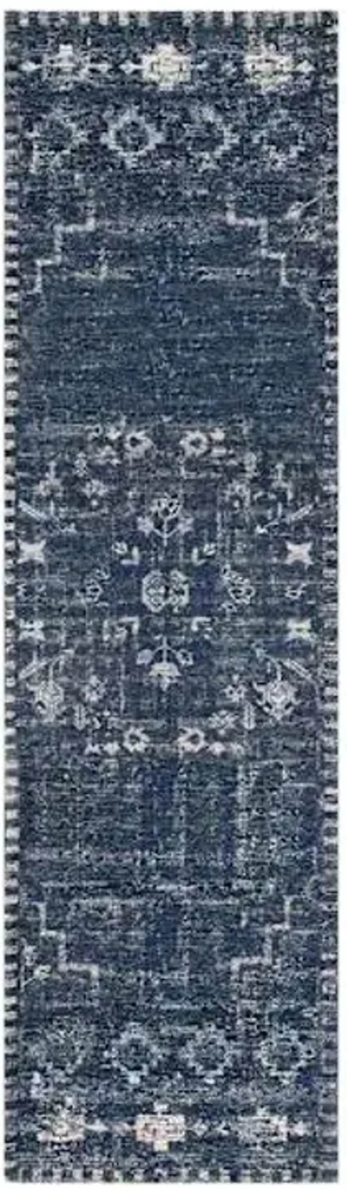 (B823) Teagan Navy Blue Floral Flatweave Runner, 2x7