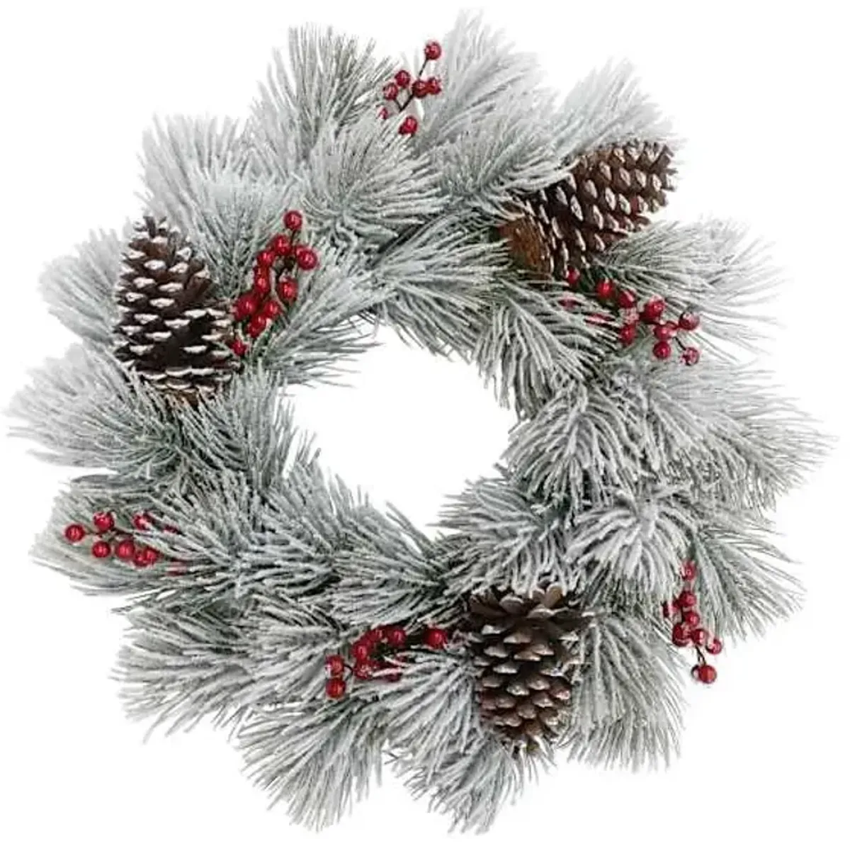 White Flocked Pinecone, Red Berry & Pine Wreath, 22"