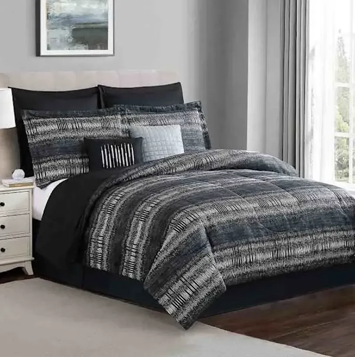 8-Piece Black Striped Essential Comforter Set, Full