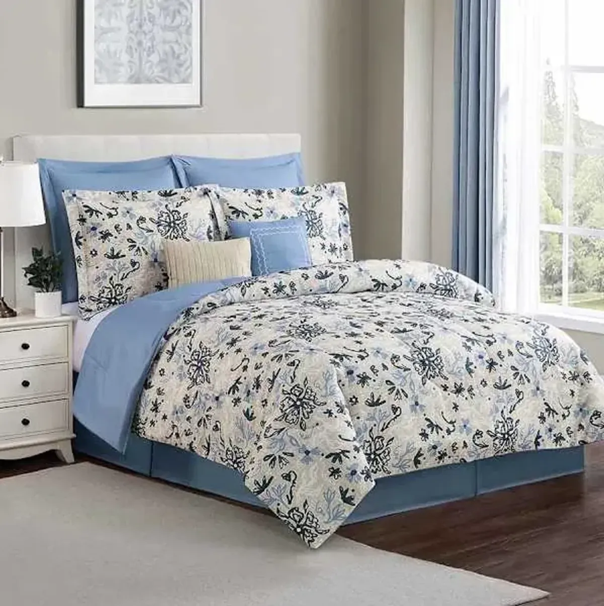8-Piece Blue & White Floral Linen Essential Comforter Set, Full
