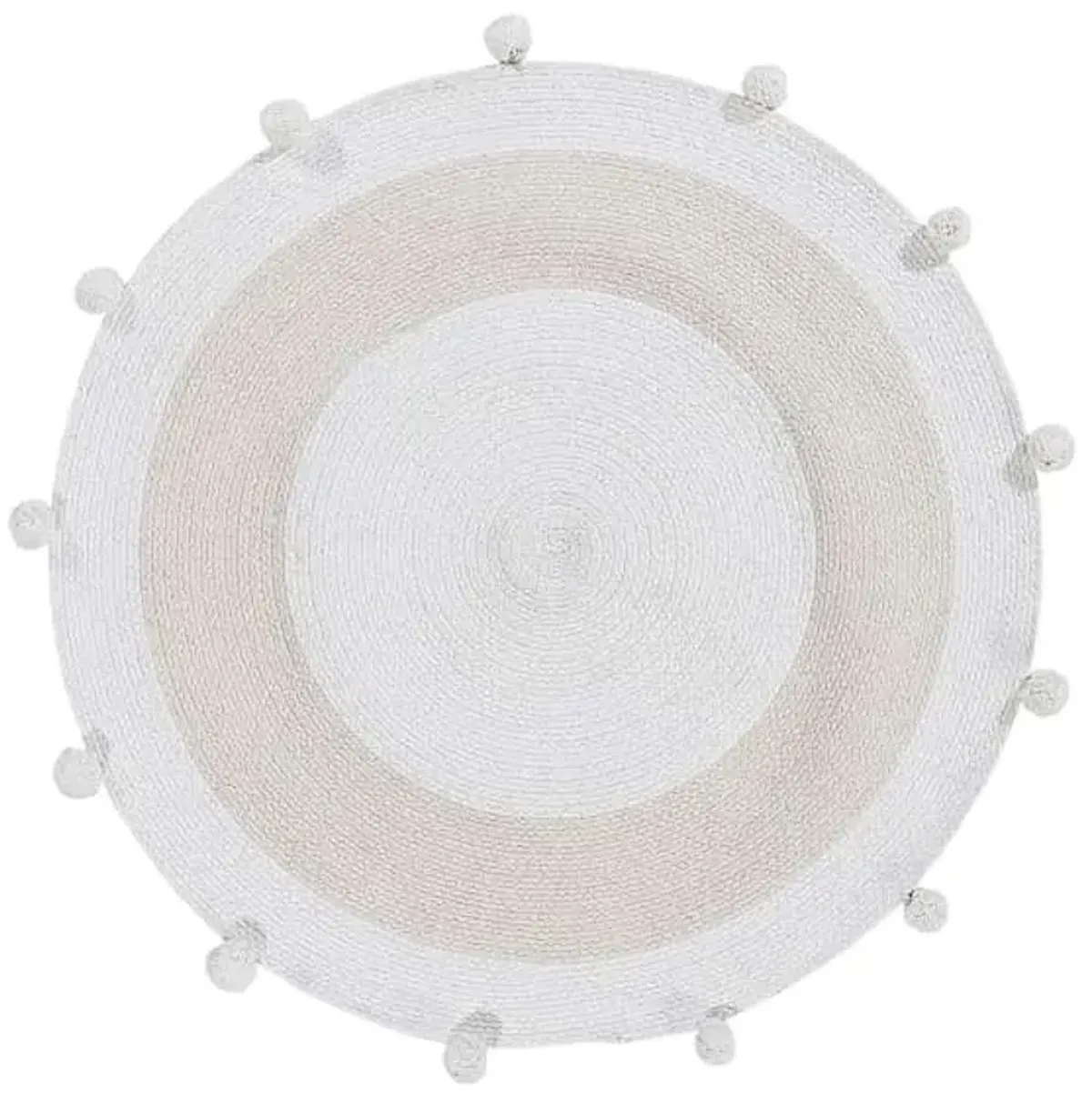 Tiny Dreamers White Round Pom-Pom Striped Accent Rug, 3'