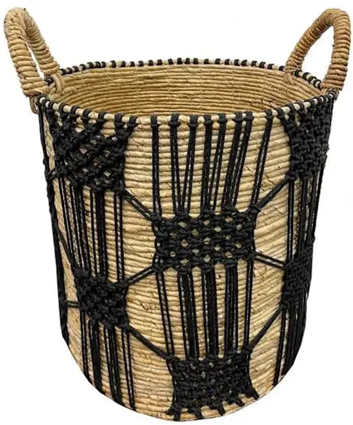 Round Abaca with Black Macrame Storage Basket, Large