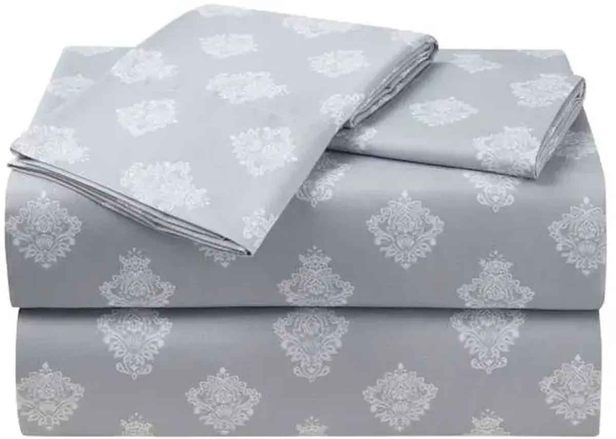 3-Piece Grey Damask Print Microfiber Essential Sheet Set, Twin
