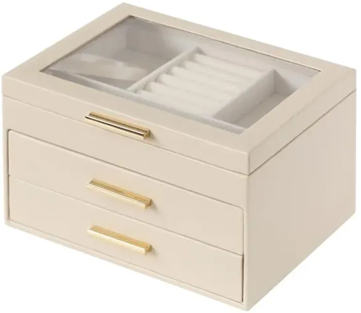 Vinyl Jewelry Organizer with Gold Handle Drawers, Beige