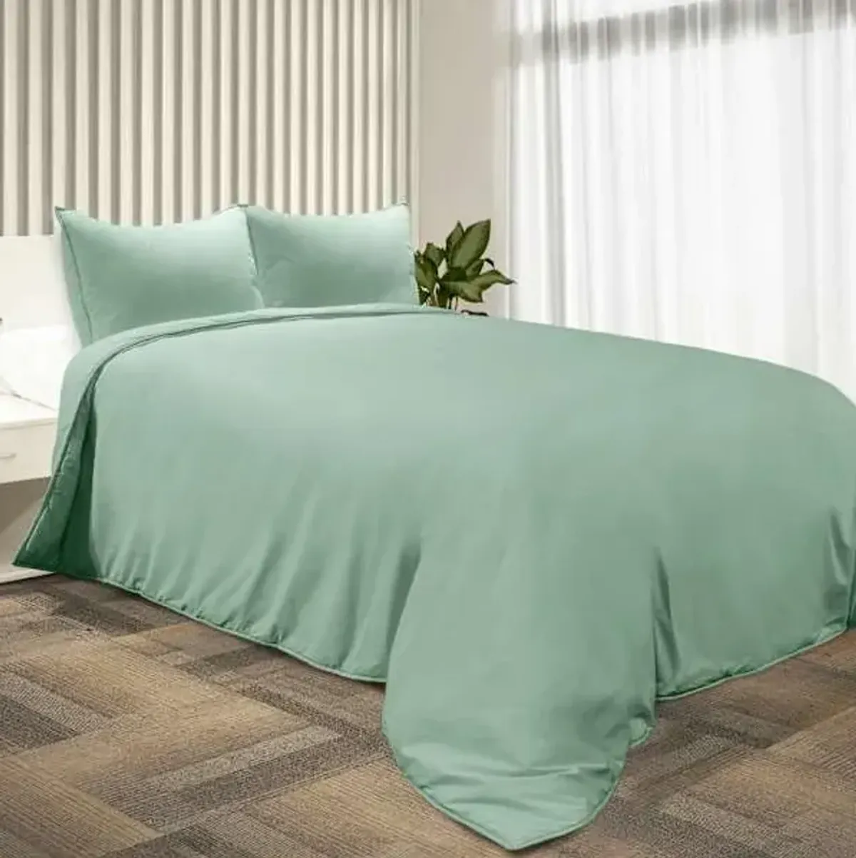 3-Piece Green Washed Cotton Percale Comforter Set, Full/Queen